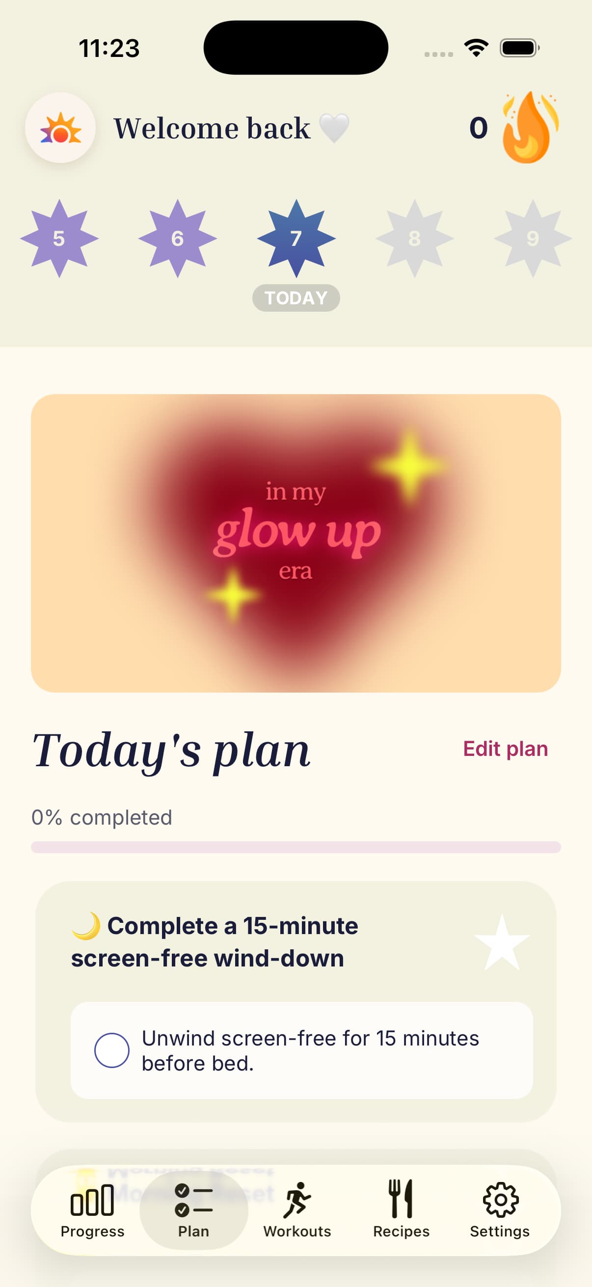Maia on iPhone 17 Pro, captured October 8, 2026, showing Day 7, today's plan, and the app's bottom navigation