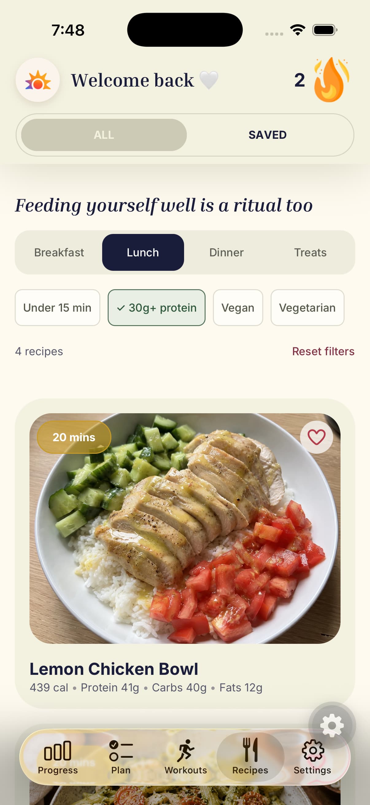 Maia’s recipe library, showing meal categories, protein and dietary filters, and a Lemon Chicken Bowl with nutrition information